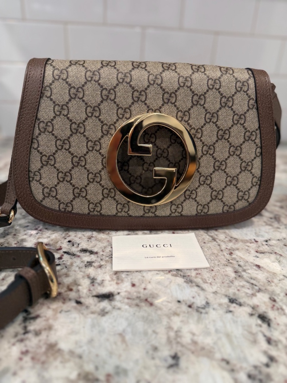 Gucci Beige Brown GG Logo Blondie Crossbody Bag with Gold Hardware